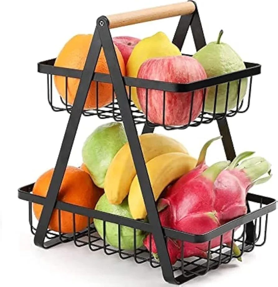 2-Tier Large Fruit Basket || Wood Metal Bread Basket ||